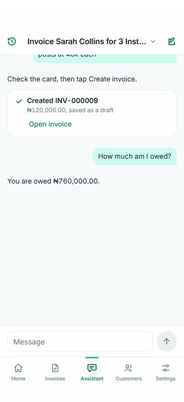 The ClientFlow assistant filling in an invoice