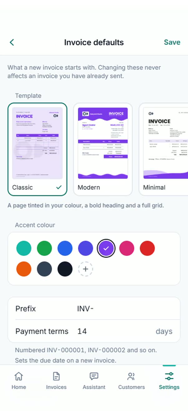 Choosing an invoice template in ClientFlow